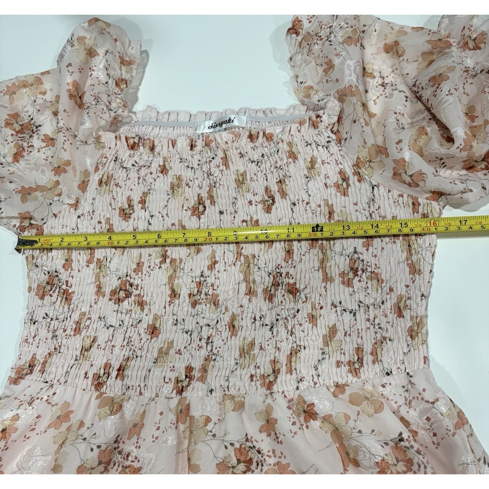 Sissyaki Women's L Pink Floral Smocked Square Neck Puff Sleeve Midi A-Line - Picture 5 of 10